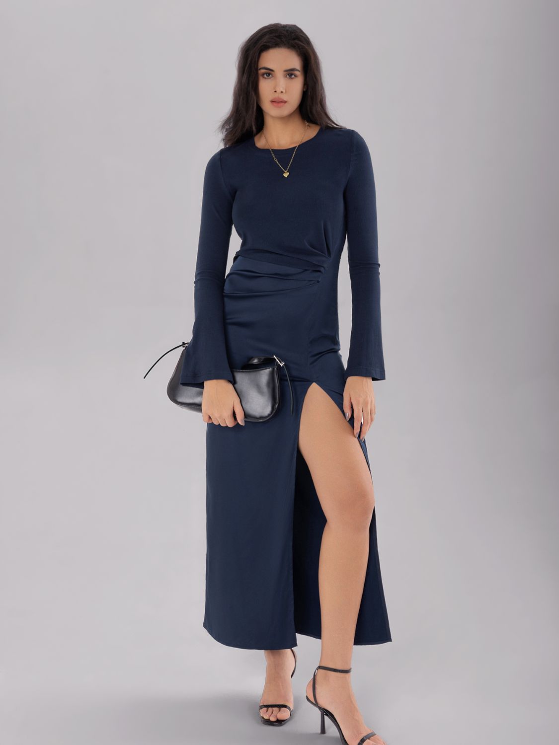 Split Round Neck Long Sleeve Midi Dress Trendsi
