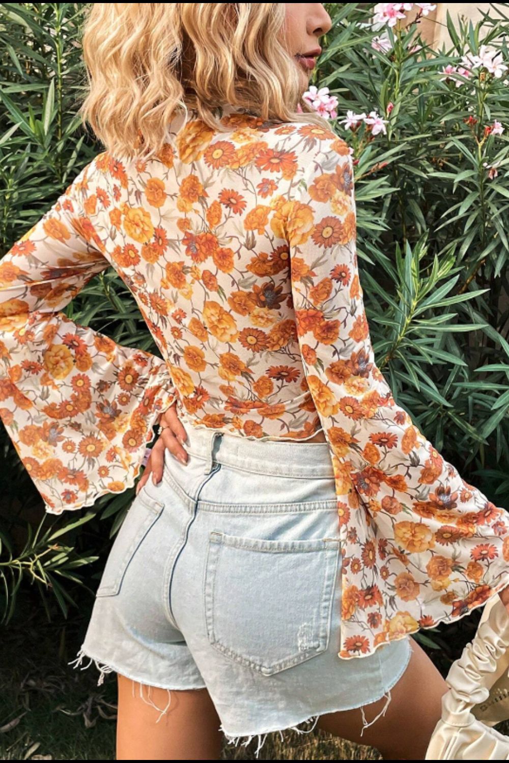 Printed Mock Neck Flare Sleeve Top Trendsi