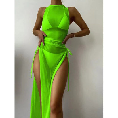 Women's Solid Color Three-Piece Bikini Set with Maxi Dress Cover-Up