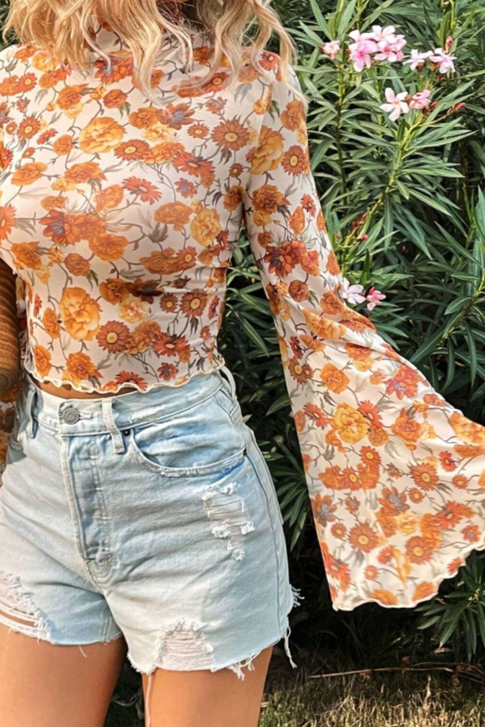 Printed Mock Neck Flare Sleeve Top Trendsi