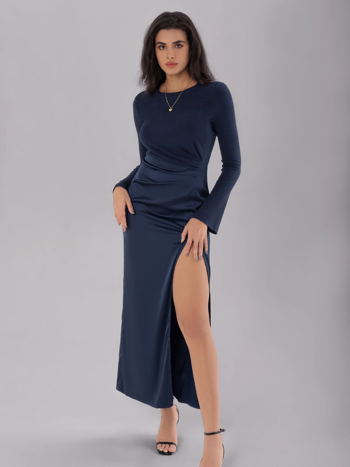 Split Round Neck Long Sleeve Midi Dress Trendsi