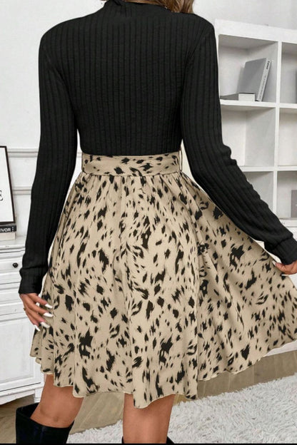 Printed Tie Waist Mock Neck Long Sleeve Dress Trendsi