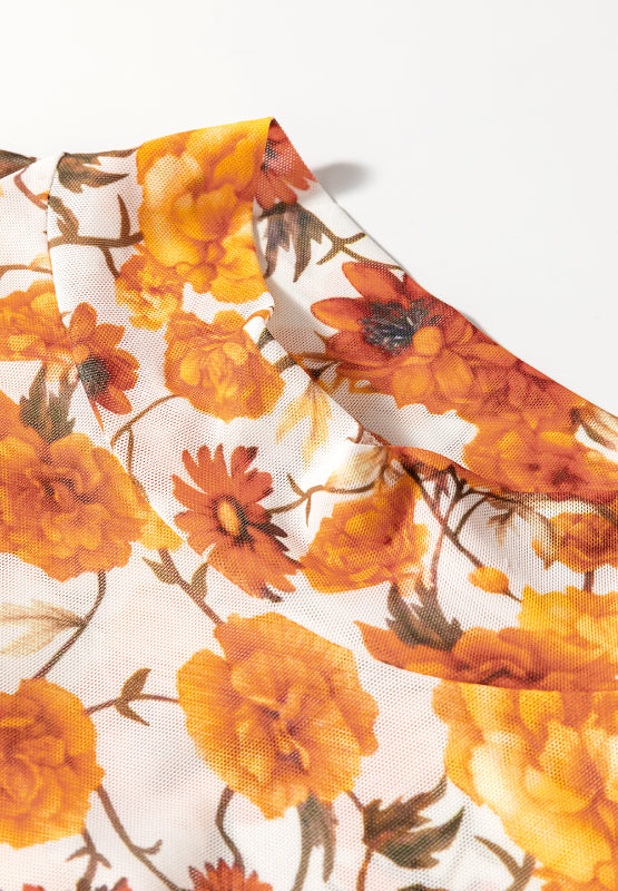 Printed Mock Neck Flare Sleeve Top Trendsi