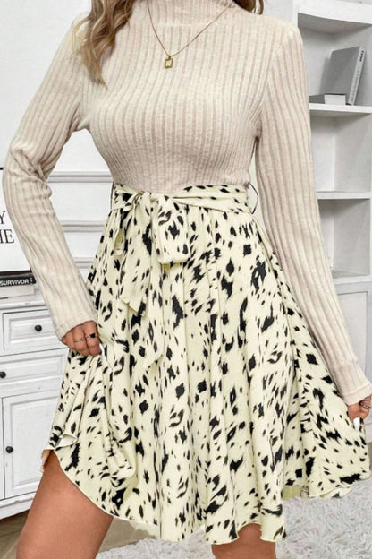 Printed Tie Waist Mock Neck Long Sleeve Dress Trendsi