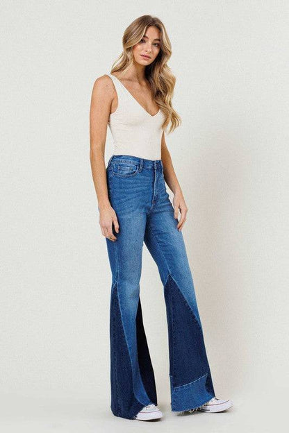 COLOR BLOCK SIDE SLIT FLARE JEANS Eye Candy Sensation