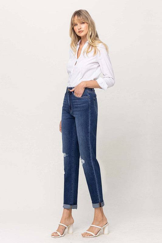 Distressed Double Cuffed stretch Mom Jeans Eye Candy Sensation