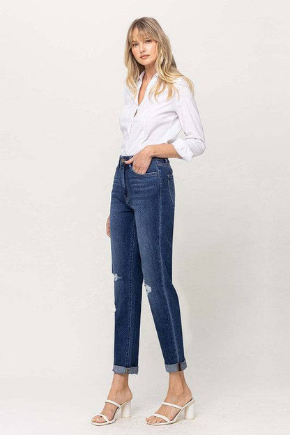 Distressed Double Cuffed stretch Mom Jeans Eye Candy Sensation