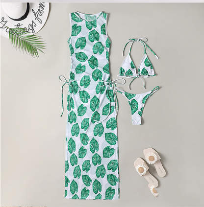 Women's Solid Color Three-Piece Bikini Set with Maxi Dress Cover-Up