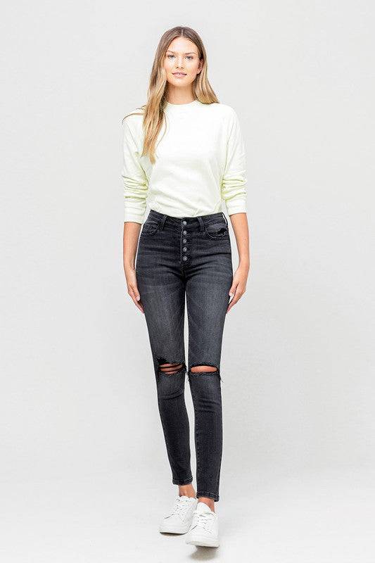 High Rise Distressed Button Fly Ankle Skinny Eye Candy Sensation