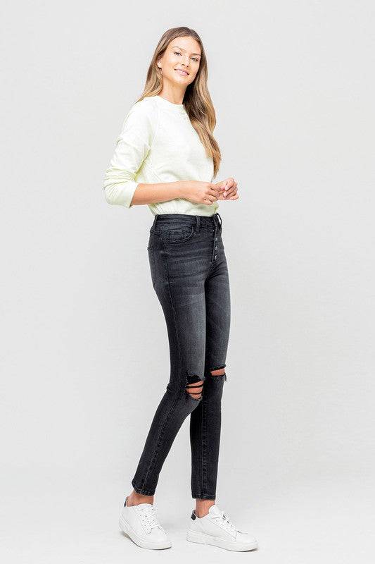 High Rise Distressed Button Fly Ankle Skinny Eye Candy Sensation