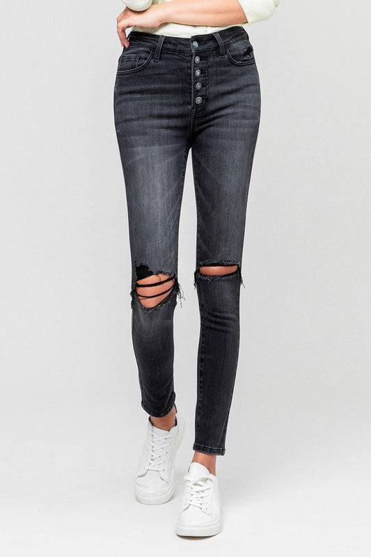 High Rise Distressed Button Fly Ankle Skinny Eye Candy Sensation