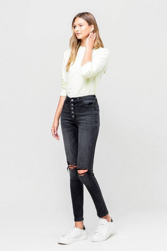 High Rise Distressed Button Fly Ankle Skinny Eye Candy Sensation