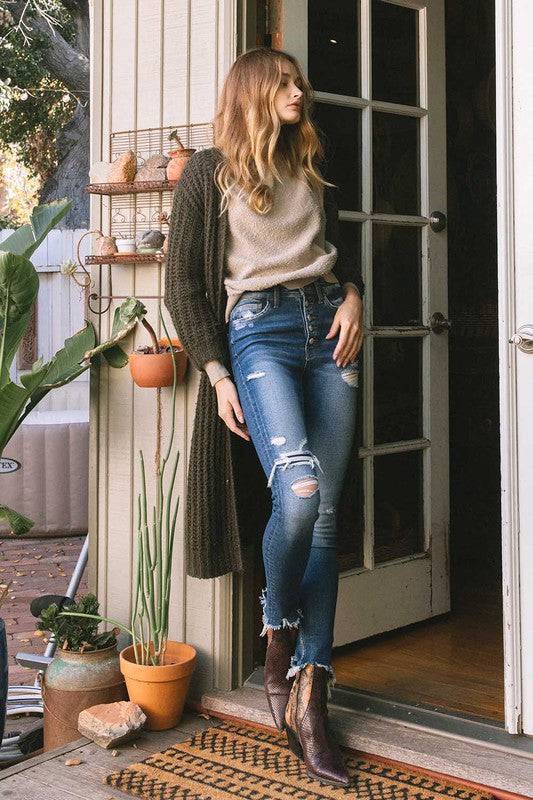High Rise Patched Button Up Raw Hem Ankle Skinny Eye Candy Sensation