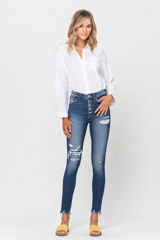 High Rise Patched Button Up Raw Hem Ankle Skinny Eye Candy Sensation
