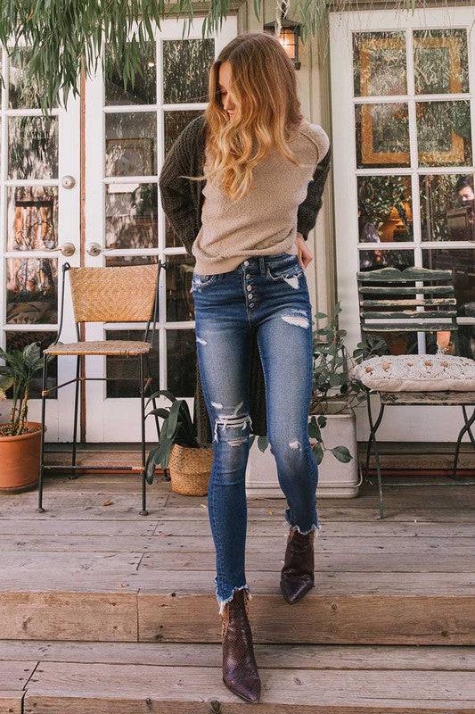 High Rise Patched Button Up Raw Hem Ankle Skinny Eye Candy Sensation