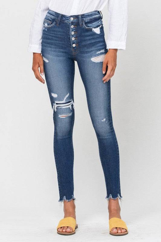 High Rise Patched Button Up Raw Hem Ankle Skinny Eye Candy Sensation