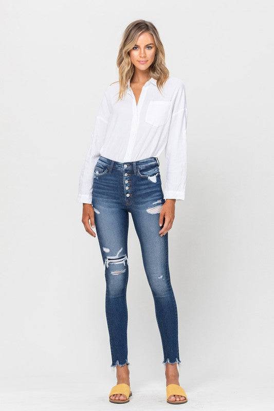 High Rise Patched Button Up Raw Hem Ankle Skinny Eye Candy Sensation