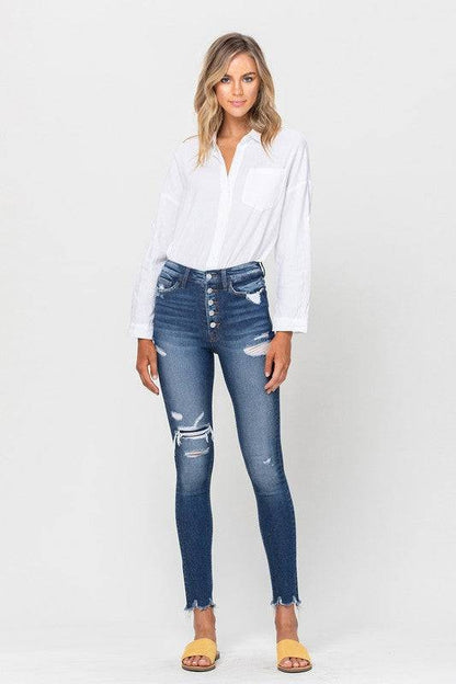High Rise Patched Button Up Raw Hem Ankle Skinny Eye Candy Sensation