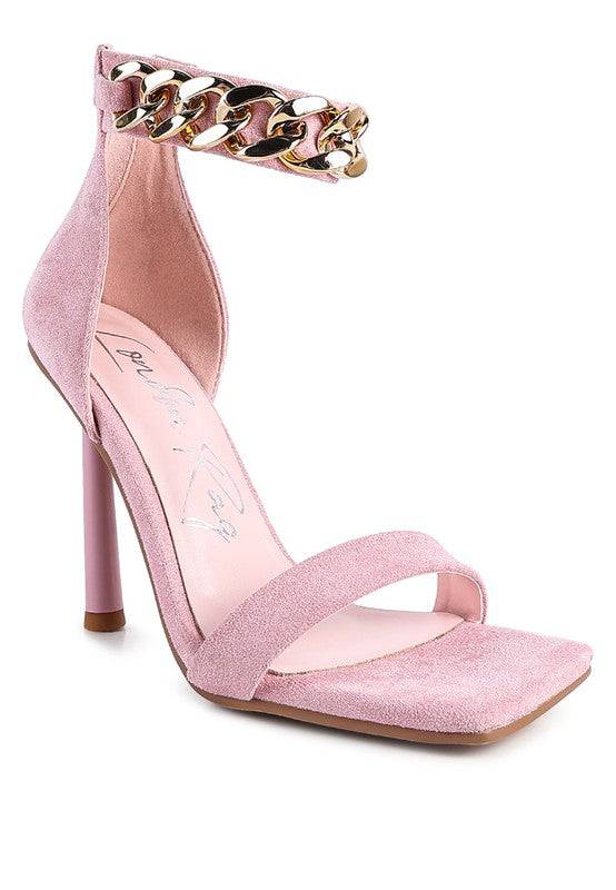 LAST SIP HEELED FAUX SUEDE CHAIN STRAP SANDAL Eye Candy Sensation