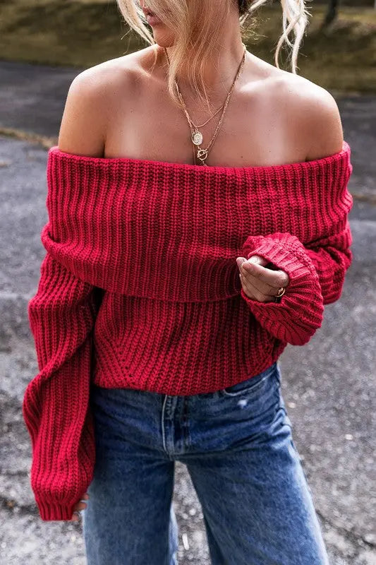 Off Shoulder Ribbed Knit Sweater SHEWIN INC.