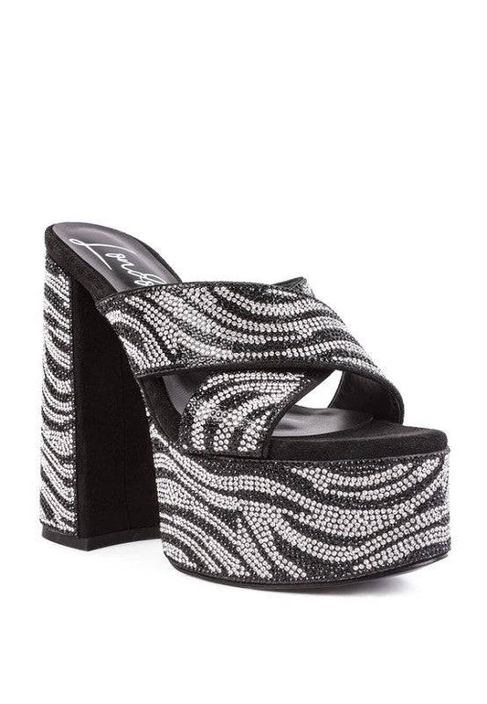 SINFUL HIGH PLATFORM PATTERNED DIAMANTE SLIDES Eye Candy Sensation