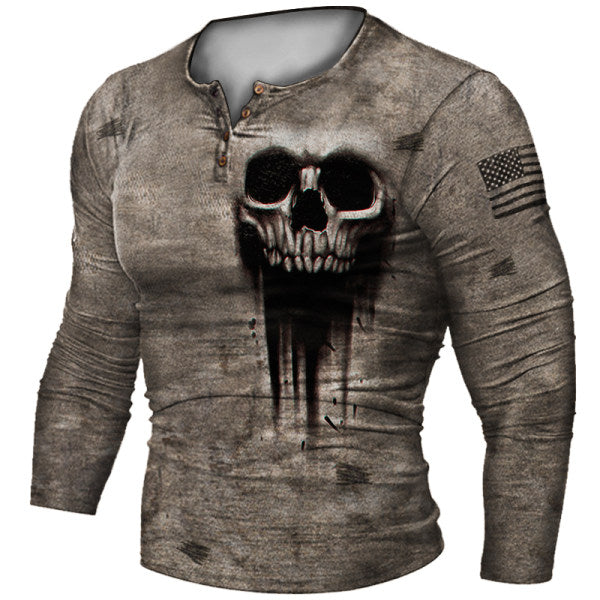 Motorcycle Rally Combat Skull Long Sleeved T Shirt Men's