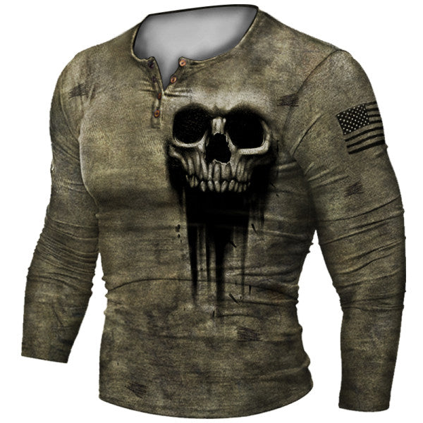 Motorcycle Rally Combat Skull Long Sleeved T Shirt Men's
