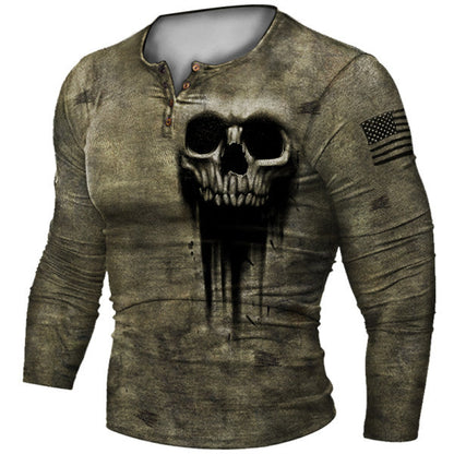 Motorcycle Rally Combat Skull Long Sleeved T Shirt Men's