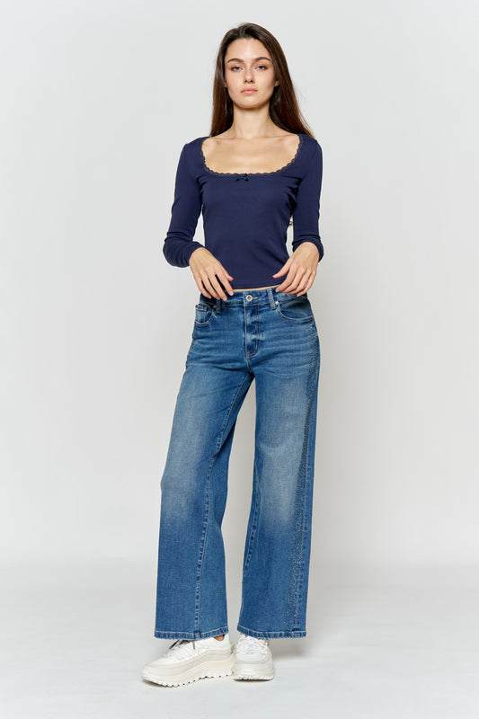 High Rise Ankle Wide Leg Jeans with Rhinestone Embellishments Along Side