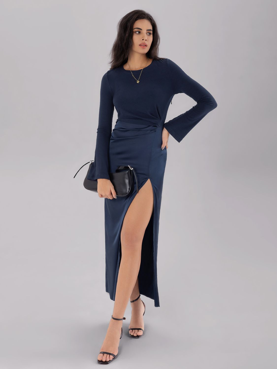 Split Round Neck Long Sleeve Midi Dress Trendsi