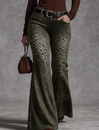 Women's Retro Leopard-Print High-Waisted Flare Pants