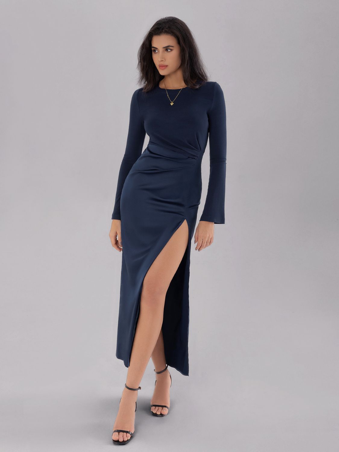 Split Round Neck Long Sleeve Midi Dress Trendsi