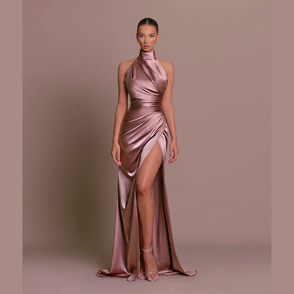 Elegant Stand-up Collar Long Dress Halter Neck Sleeveless Slit Slim Dress
