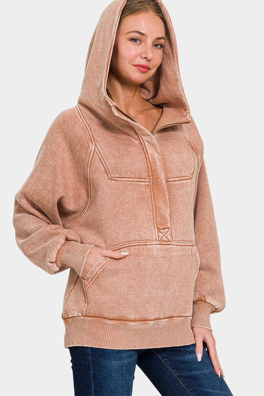 Zenana Acid Wash Fleece Kangaroo Hoodie Trendsi