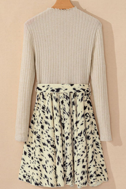 Printed Tie Waist Mock Neck Long Sleeve Dress Trendsi