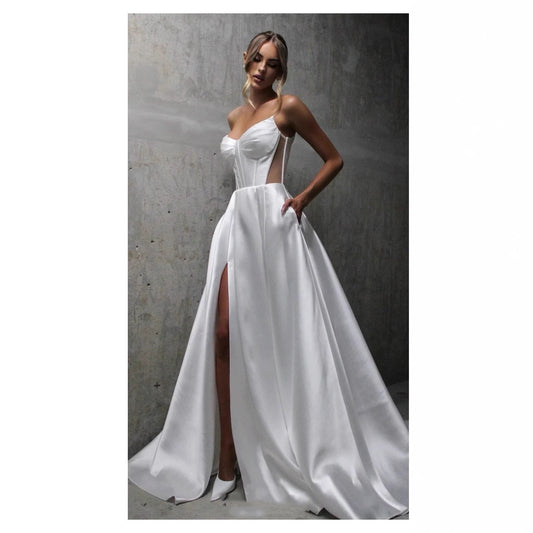 White Satin Slit Pocket Bandage Wedding Dress
