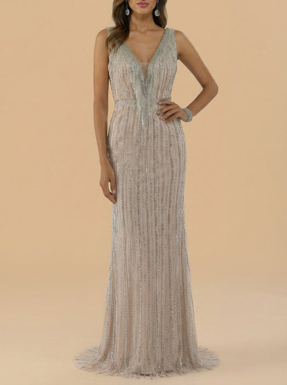 Beaded V-Neck Gown - Lara 29680