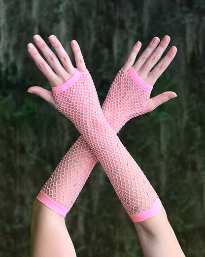 Pink Rhinestone Fingerless Gloves